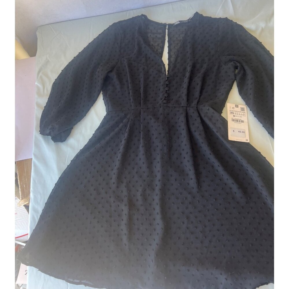 Zara Black Dress Swiss Dot V Neck Dress Size XS